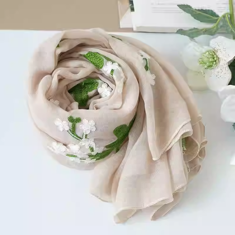 Little Jasmine Romantic Embroidered Cotton and Linen Scarf for Women, Fresh Forest-style Literary Spring and Autumn Silk Scarf, Summer Sunshade Shawl