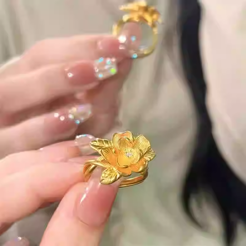 Gold Flower Jasmine Ring for Women, Open Adjustable Index Finger Ring with Unique Design Sense