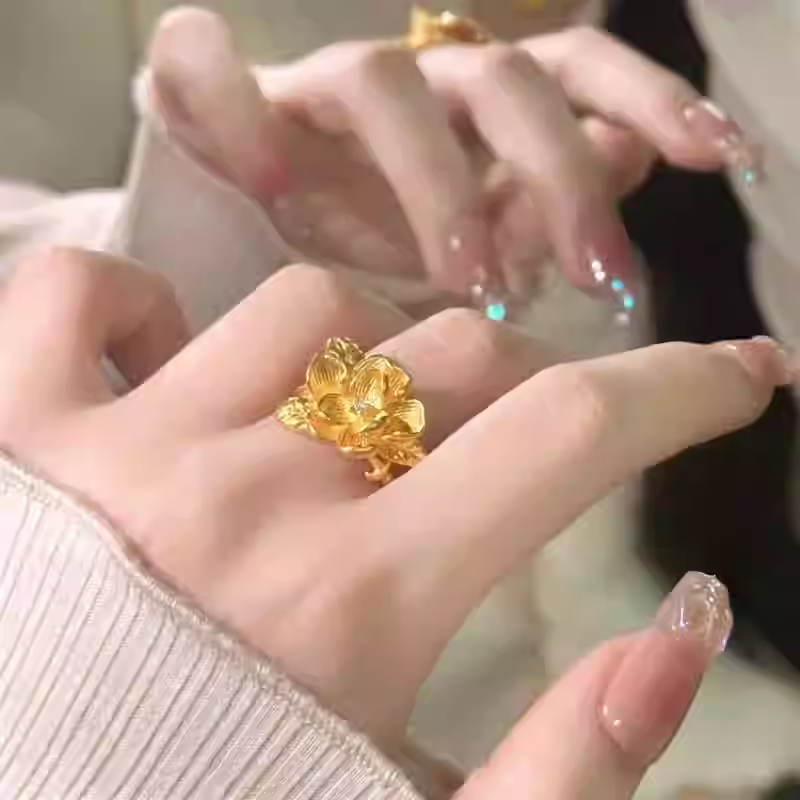 Gold Flower Jasmine Ring for Women, Open Adjustable Index Finger Ring with Unique Design Sense