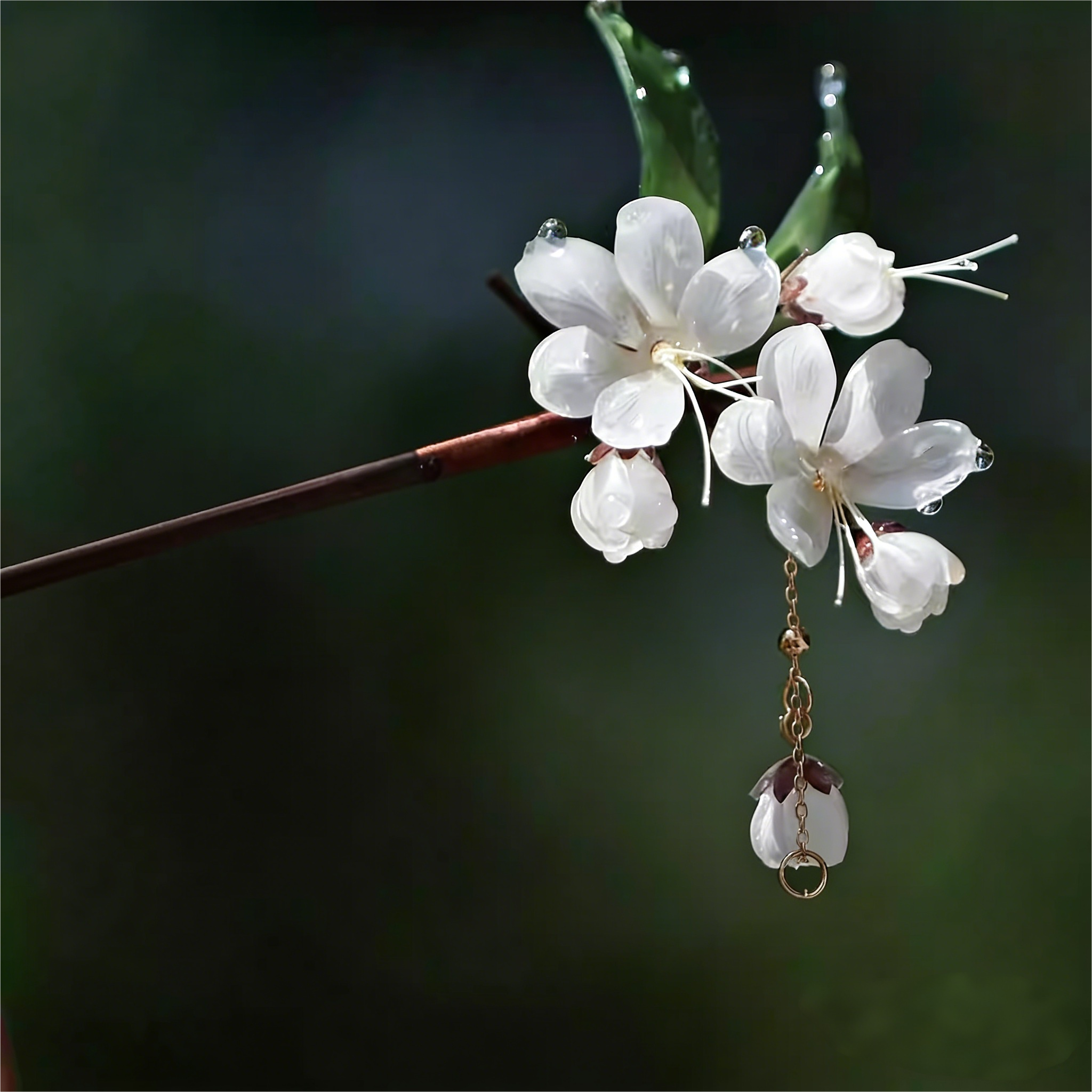 Jasmine with Drooping Flowers Bamboo Hairpin, Heat-Shrink Flower Hairpin, Bamboo Hairpin, U-Shaped New Chinese Style Tassel Hairpin, National Style Hanfu Hairpin for Women