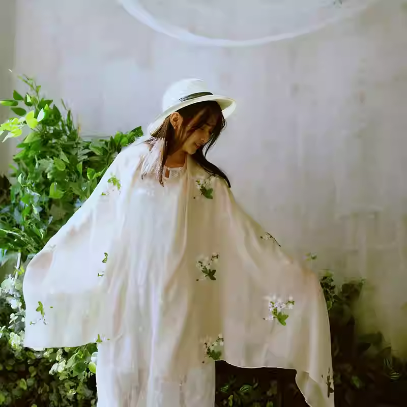 Little Jasmine Romantic Embroidered Cotton and Linen Scarf for Women, Fresh Forest-style Literary Spring and Autumn Silk Scarf, Summer Sunshade Shawl