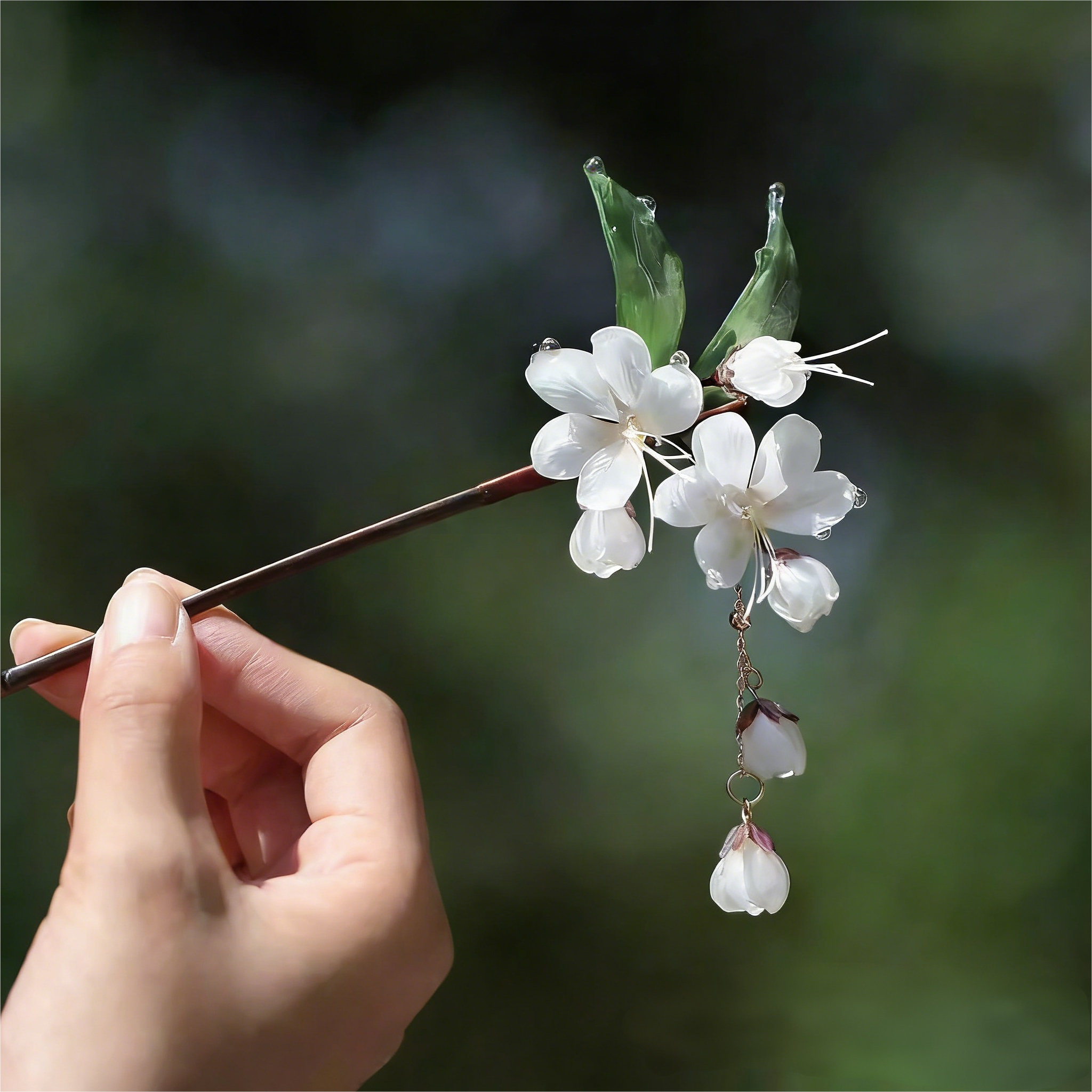 Jasmine with Drooping Flowers Bamboo Hairpin, Heat-Shrink Flower Hairpin, Bamboo Hairpin, U-Shaped New Chinese Style Tassel Hairpin, National Style Hanfu Hairpin for Women