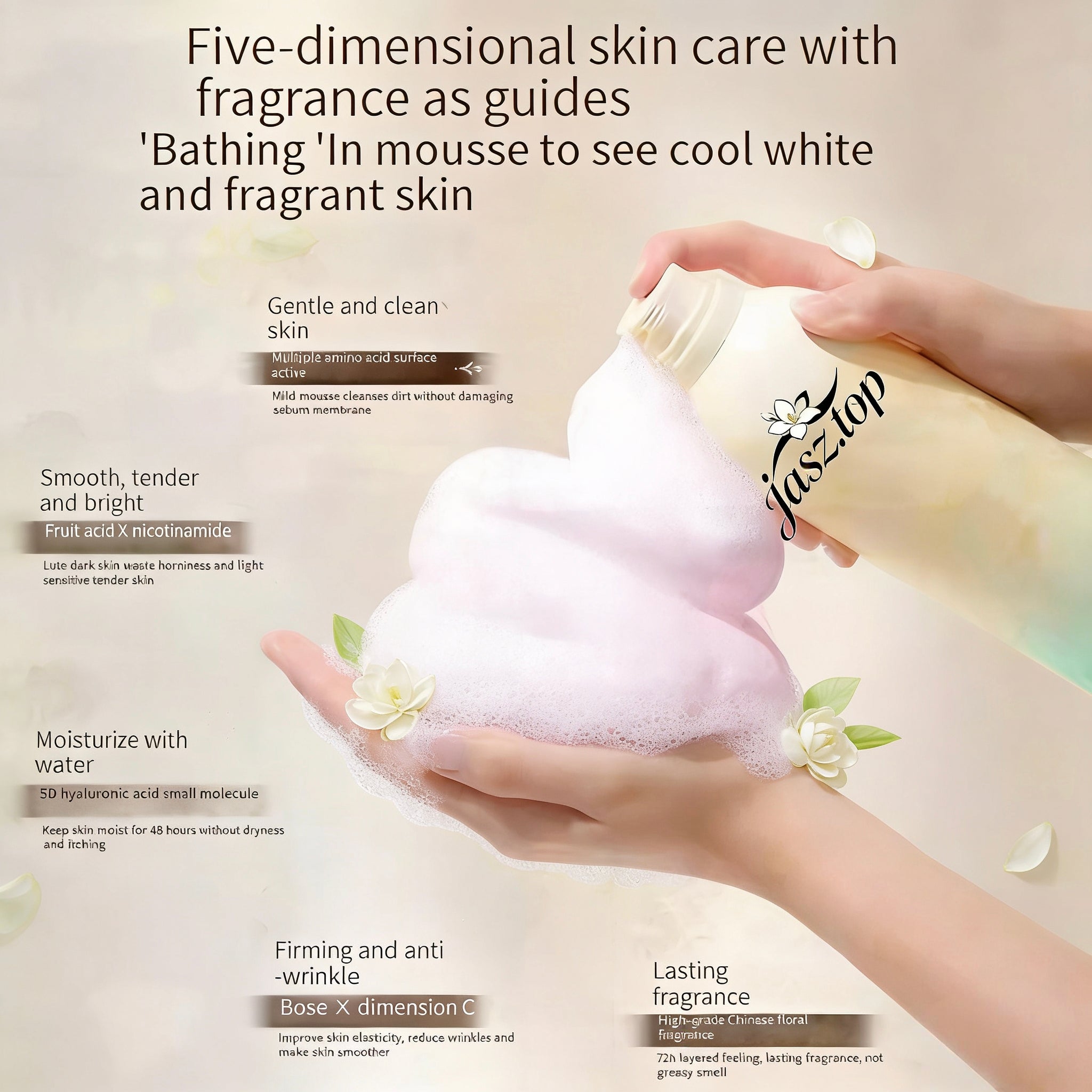 Jasmine Fragrance Shower Mousse, Amino Acid Cloud Foam, Long-Lasting Scent, Deep Cleansing, Hydrating & Moisturizing, Oil-Control Shower Lotion