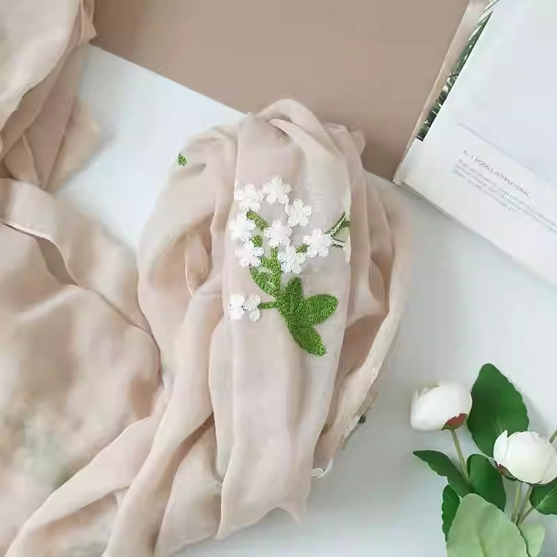 Little Jasmine Romantic Embroidered Cotton and Linen Scarf for Women, Fresh Forest-style Literary Spring and Autumn Silk Scarf, Summer Sunshade Shawl