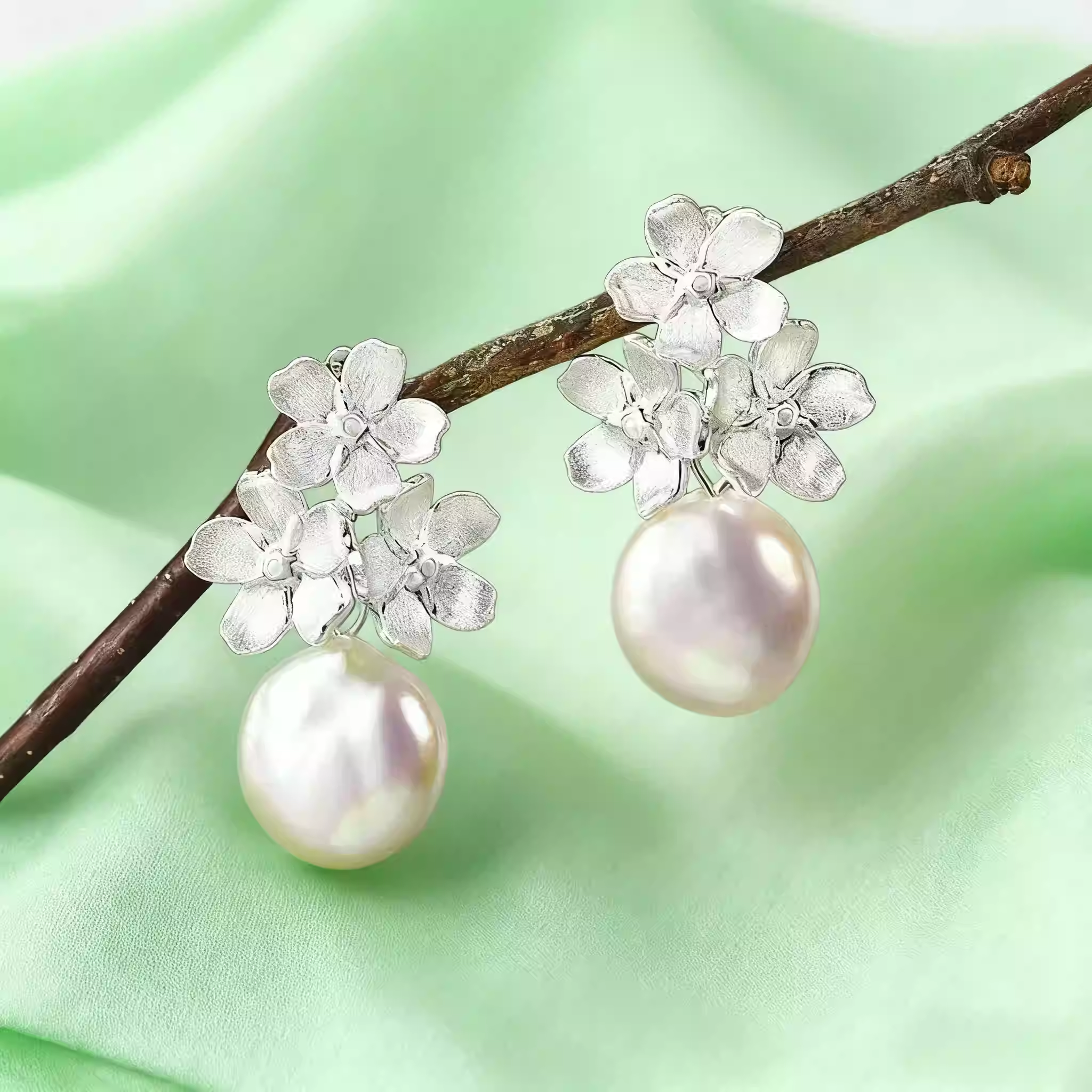 New Chinese-style Baroque Pearl Earrings S925 Sterling Silver Jasmine Flower Earrings with Two Wearing Methods